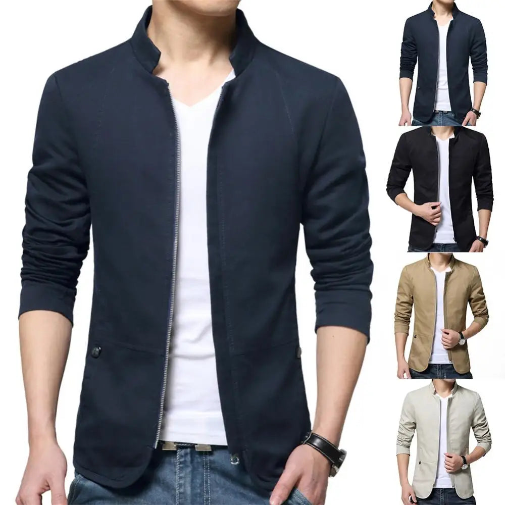 maoxiangshop Casual Men Blazer Spring Autumn Stylish Business Casual Jacket Solid Color Stand Collar Zipper Pockets Thin Slim Blazer Coat