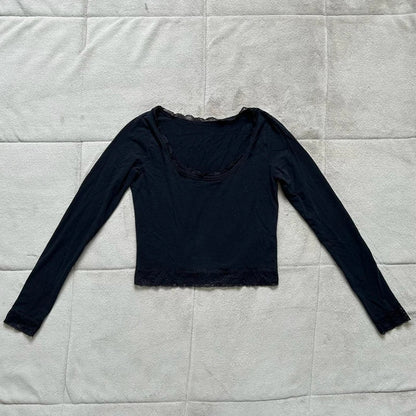 maoxiangshop 2000s Graphic T Shirt Vintage Fairy Grunge Women Autumn Lace Trim Long Sleeve Slim Fits Tops y2k Clothes Basic Harajuku Tees