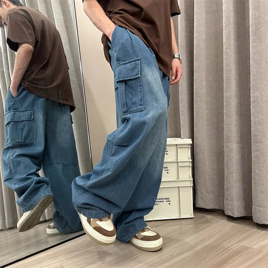 maoxiangshop Men Jeans Loose Straight Wide Leg Denim Pants Men's Hip Hop Streetwear Skateboard Neutral denim Trousers Mopping Cargo jeans