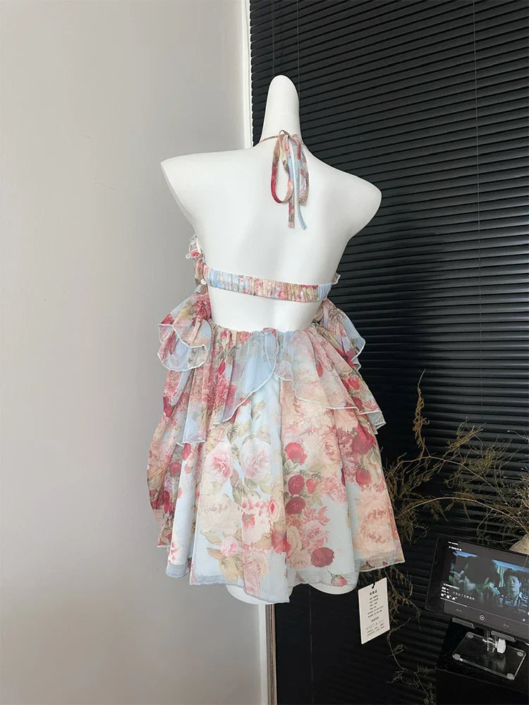 Summer French Vintage Mini Fairy Chiffon Floral Lantern Sleeve Dress Women Mori Romantic Frock Evening Court One-Piece Gyaru New