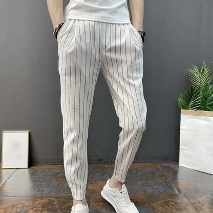 maoxiangshop Men Harem Pants Striped Drawstring Elastic Waist Slim Fit Streetwear Spring Autumn Stretch Ankle Tied Pencil Pants for Daily