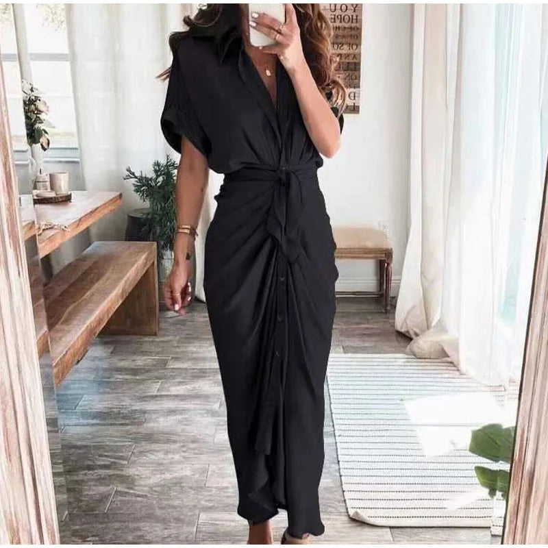 maoxiangshop Women Summer Elegant Button Ruched Bandage Shirt Dress Fashion Casual Short Sleeve Solid V Neck Beach Maxi Dress