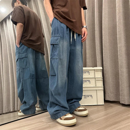 maoxiangshop Men Jeans Loose Straight Wide Leg Denim Pants Men's Hip Hop Streetwear Skateboard Neutral denim Trousers Mopping Cargo jeans