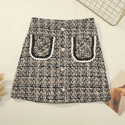 maoxiangshop Fall Winter Plaid Tweed Skirt Womens Thick Woolen Pearl Button Front Pocket Glitter Mini Skirt Saia Feminina