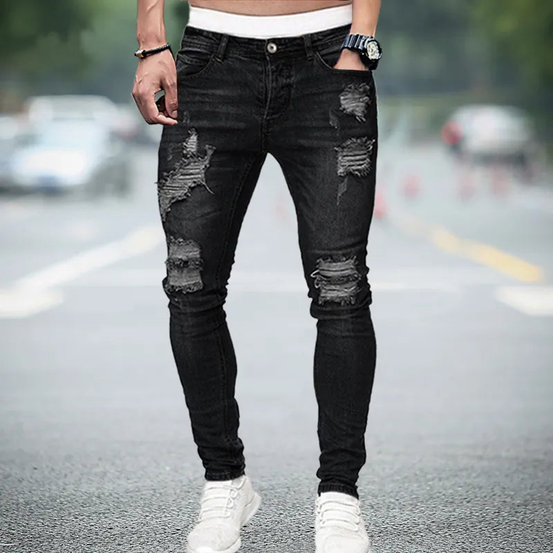 maoxiangshop Men Jeans Knee Hole Ripped Stretch Skinny Denim Pants Solid Color Black Blue Autumn Summer Hip-Hop Style Slim Fit Trousers S-4XL
