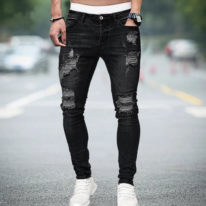 maoxiangshop Men Jeans Knee Hole Ripped Stretch Skinny Denim Pants Solid Color Black Blue Autumn Summer Hip-Hop Style Slim Fit Trousers S-4XL