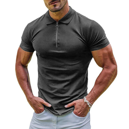 maoxiangshop New Elastic Polos Solid Color Shirt Men's Sports Tshirt Zipper Short Sleeve Slim T-shirt Casual Gym Loose Lapel Basic Tops