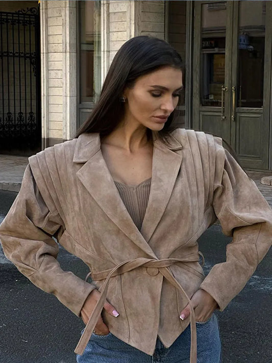 maoxiangshop  -  Fashion Solid Lapel Motorcycle Jackets With Belt Women Casual Long Sleeve Button Coats 2024 Winter Lady High Street Outercoat