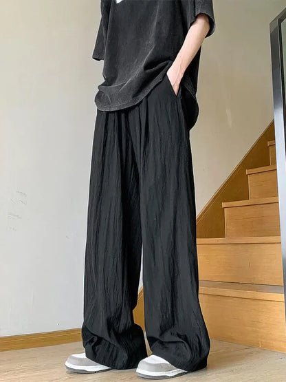 maoxiangshop Ice Silk Linen Straight Casual Pants Men Summer Thin Loose Wide Leg Straight Long Trousers Japanese Lazy Popular 2024 New