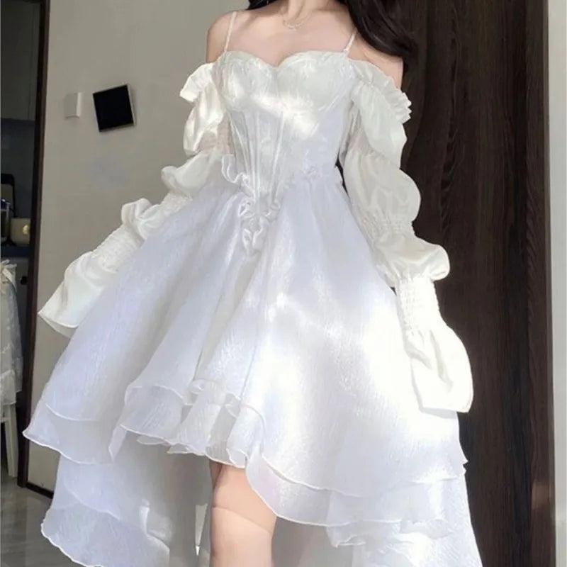 maoxiangshop Spring Elegant White Off Shoulder Fairy Dress Chic Princess Puff Dress Mesh Puff Dress Wedding Party Porm Dress