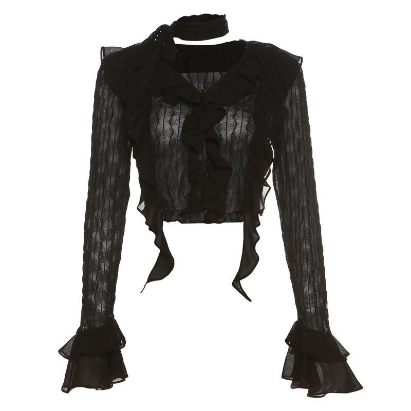 Sexy Gothic Women Lace Blouses Grunge Y2k Crop Top Female Shirts Elegant Black Transparent Cardigan Korean Streetwear