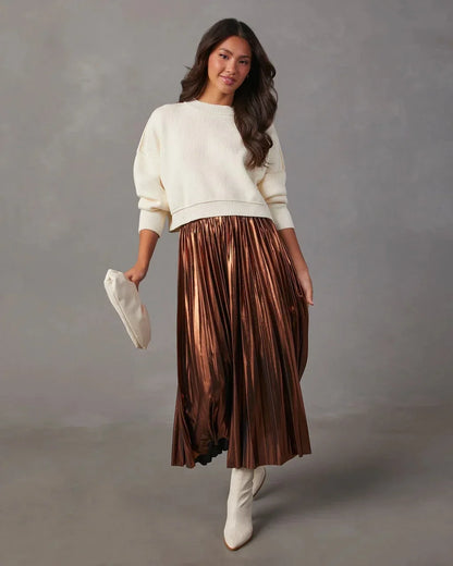 maoxiangshop  -  New Fashion Giny Pleated Long Skirts Autumn Winter High Waist A- Shaped Midi Long Metallic Pleated Skirt for Women Skirts