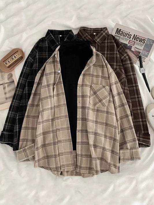 maoxiangshop2 Vintage Women Plaid Shirts Autumn Long Sleeve Oversize Button Up Tops Korean Loose Casual Fall Outwear Femme Shirts