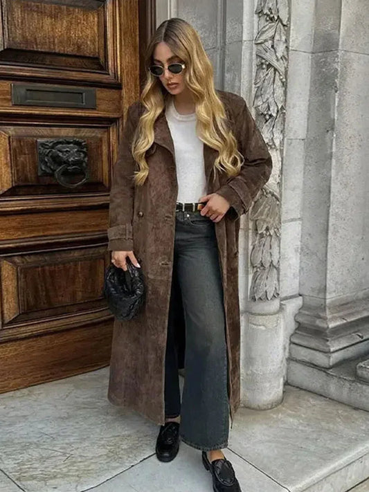 maoxiangshop  -  Female Retro Jacket Elegant Brown Belted Waist Long Coat Double Breasted High Street Autumn Fashion Full Sleeve Outwear