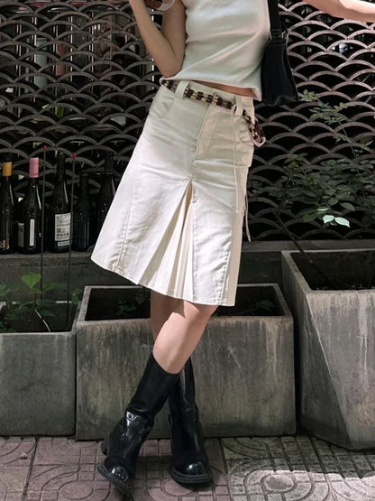 maoxiangshop  -  White Long Skirt Women Y2k American Retro High Waist Irregular Streetwear Vintage Knee-length Midi Skirt Autumn 2024