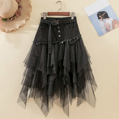 maoxiangshop Summer Denim Jeans Skirt Women Y2K Irregular High Waisted Tulle Skirts Mesh Patchwork Pockets Pleated Mid-Calf Tutu High Street