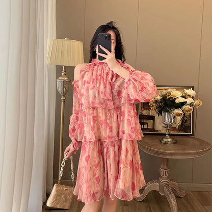 Lantern Sleeve Summer Dress New French Style Floral Dress for Women Sweet Elegant Tierred Knee Length Mini Dress