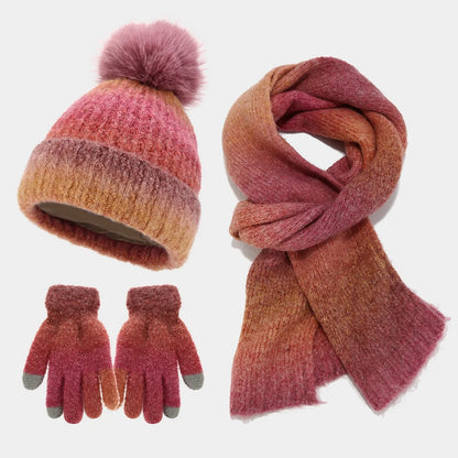 maoxiangshop  -  Winter Pompom Hat Scarf Glove Sets Tie-Dyed Knitted Beanies Plush Lining Thicken Bonnet Touch Screen Gloves Windproof Skiing Cap