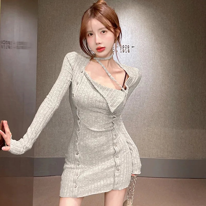 maoxiangshop Tight Long Sleeve Short Style Split Halter Women's Dress Solid Color Fashion Sexy Design