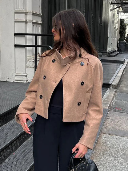 maoxiangshop -  Women's Winter Crop Jakcet Casual Long Sleeve Double Breasted Stand Collar Wool Blend Coat Female Fashion Chic Top Y2K