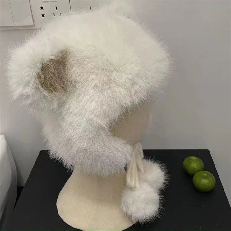 maoxiangshop  -  Winter Bear Ears Hat with Strap Pompom Women Fluffy Fur Fleeze Ear Protection Beanies Outdoor Windproof Cold Warm Plush Bonnet