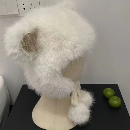 maoxiangshop  -  Winter Bear Ears Hat with Strap Pompom Women Fluffy Fur Fleeze Ear Protection Beanies Outdoor Windproof Cold Warm Plush Bonnet