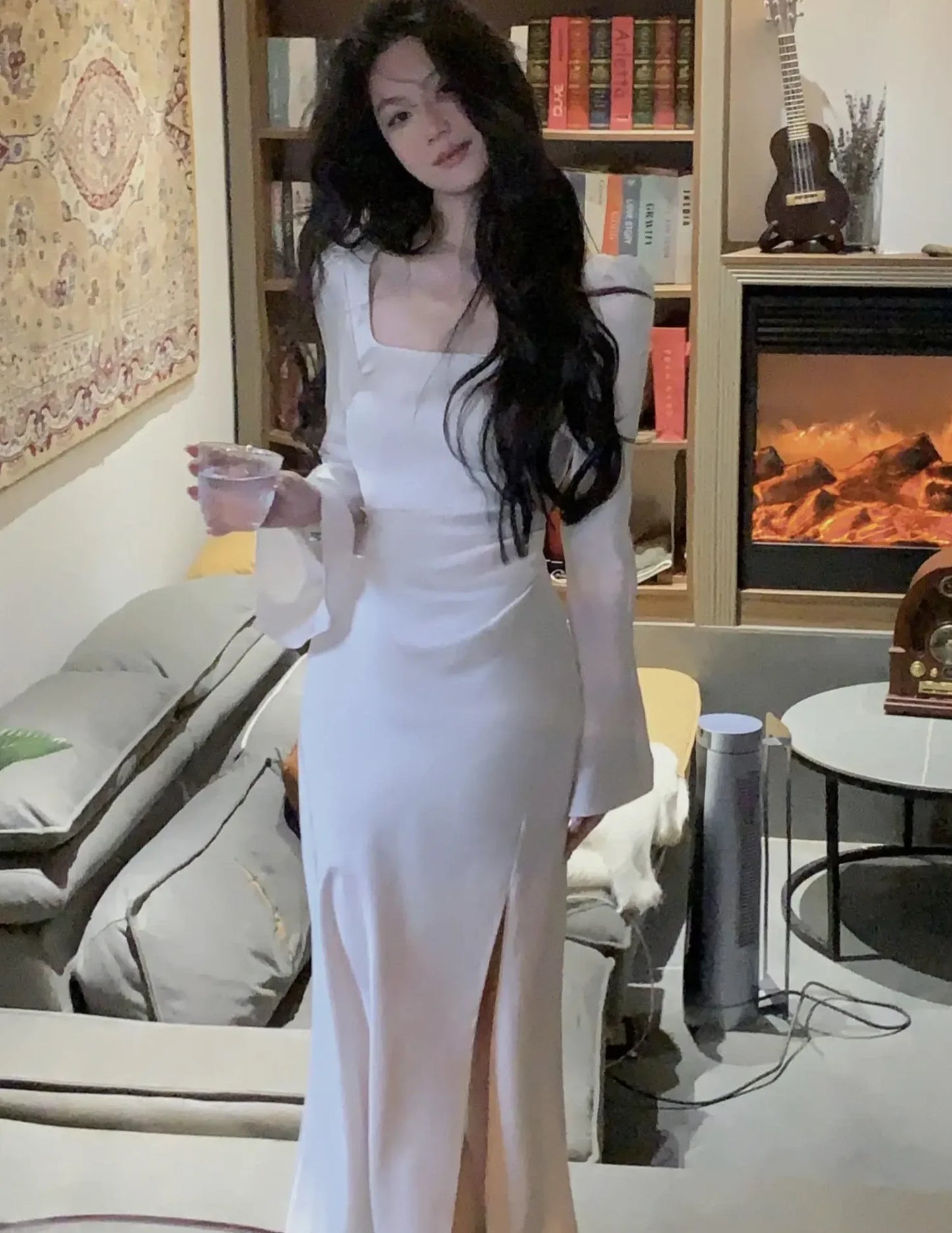 Elegant Square Collar Satin Midi Party Dress for Women Autumn New Long Sleeve Split Slim Vestidos Female Spring Korean Clothes