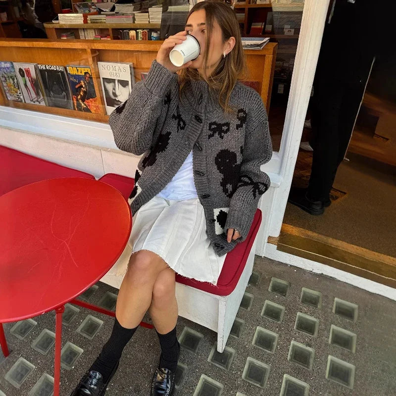 maoxiangshop  -  Thicken Cardigan Sweater Outwear Women  Autumn Winter Retro Cat Love Pattern Stand Collar Horn Button Knitted Cardigan