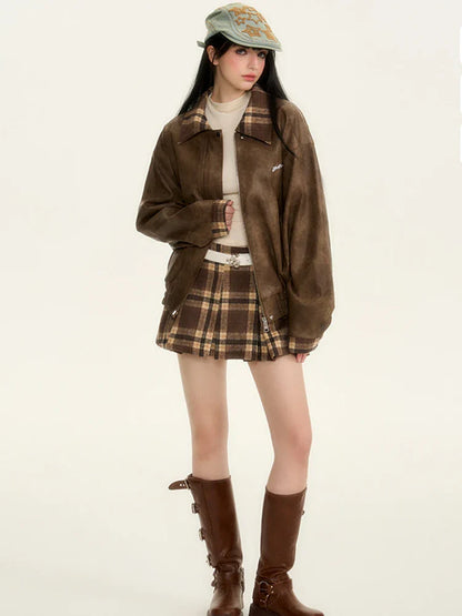 Fall Winter Women Old Money Outfits 2 Piece Set Pu Faux Leather Oversize Vintage Jacket + 2000s Plaid Gyaru Mini Pleated Skirts
