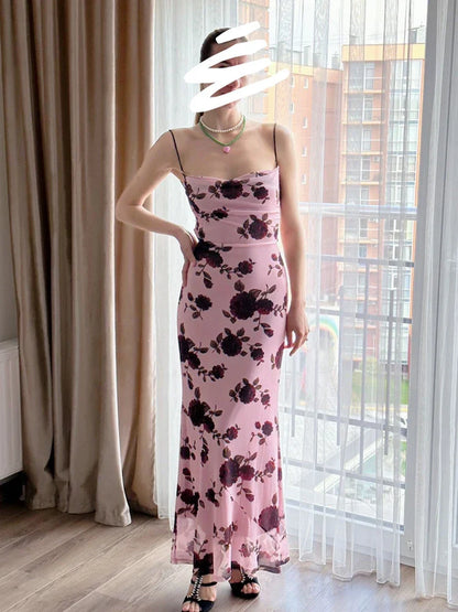 Lace Up Backless Maxi Dress Sexy Mesh Floral Printing Bodycon Holiday Dress Elegant Spaghetti Strap Dress Summer