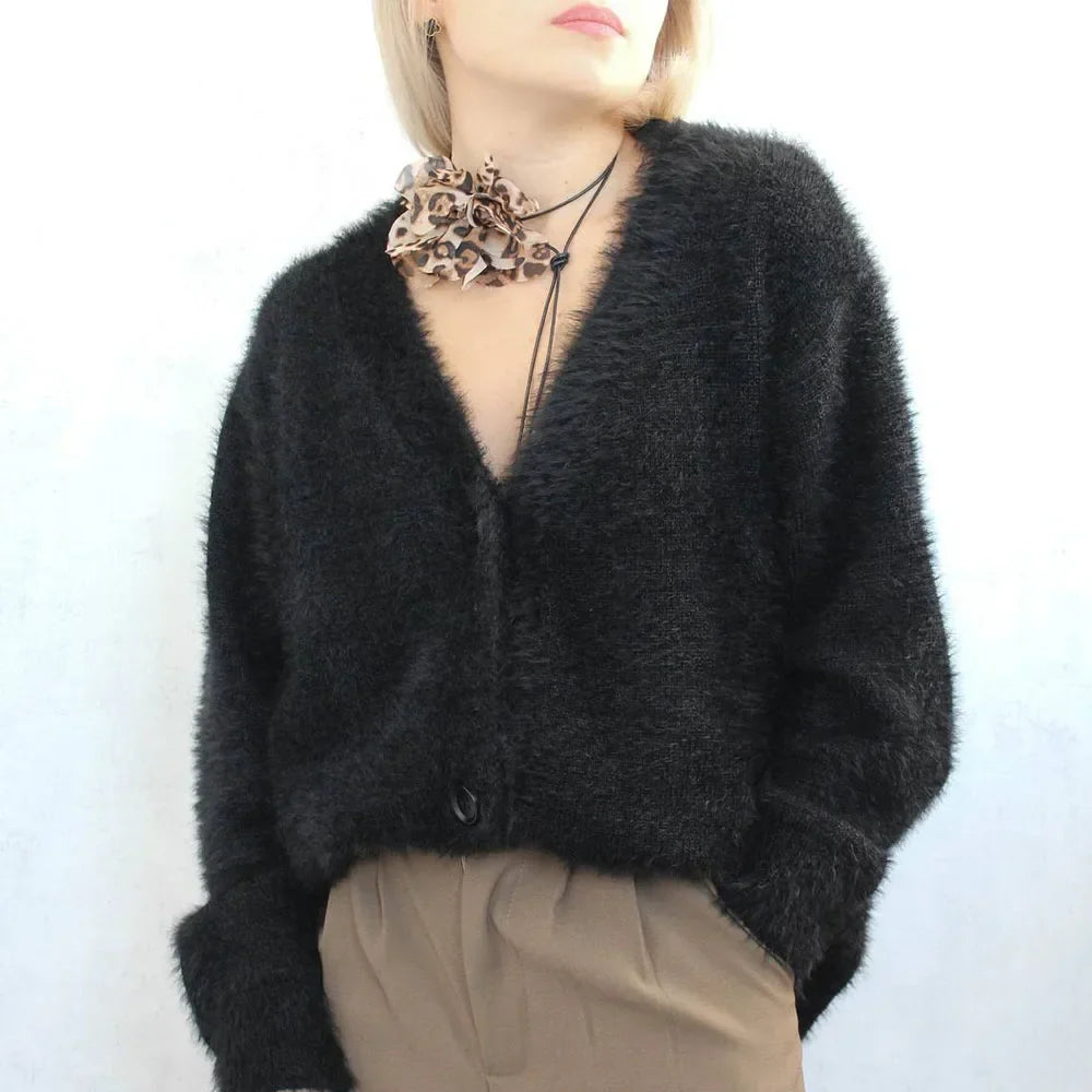 maoxiangshop  -  Women's Knitted Thick Cashmere Wool Cardigan Chic V Neck Single Breasted Long Sleeve Sweater Fall Winter Coat Outwear