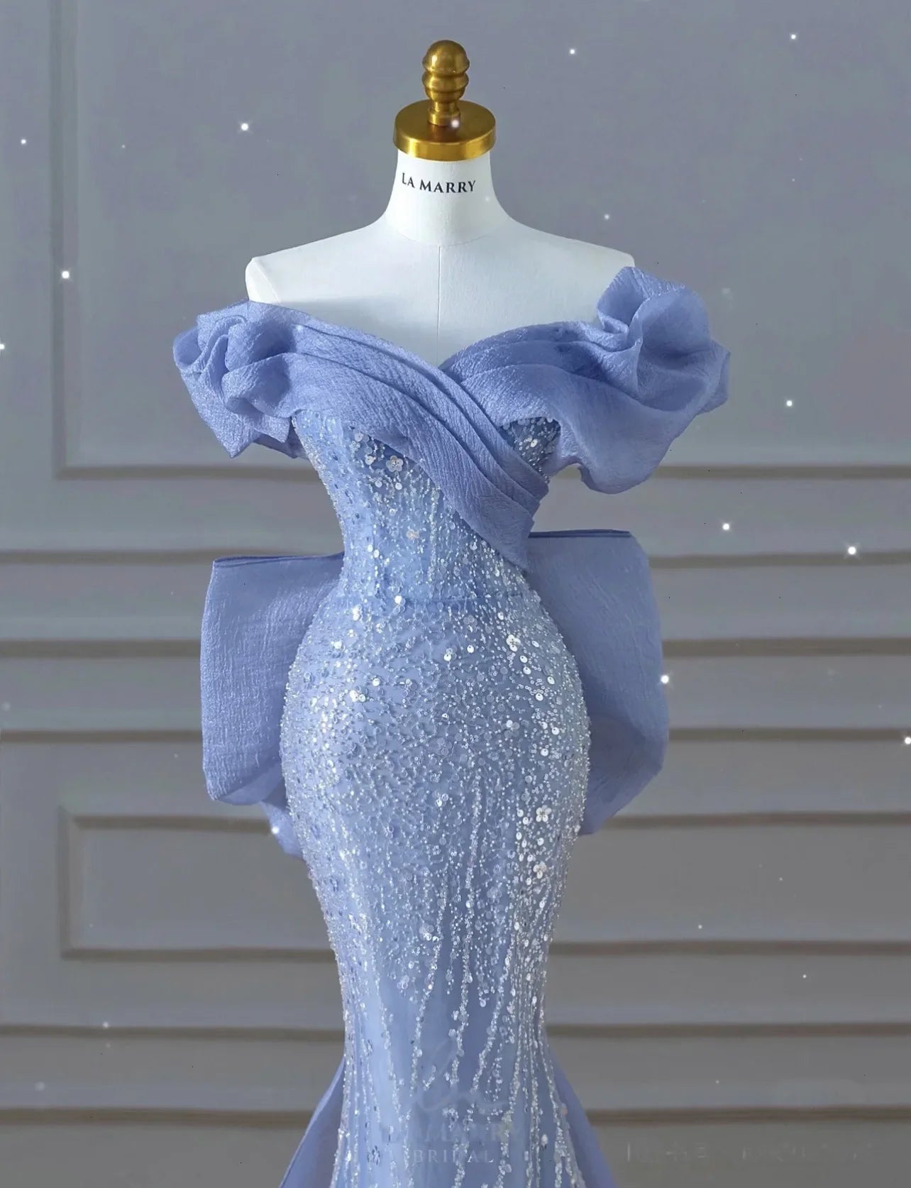 maoxiangshop Off the Shoulder Sequin Beaded Mermaid Formal Gown Custom Made Bowknot Back Blue Prom Dress for Women