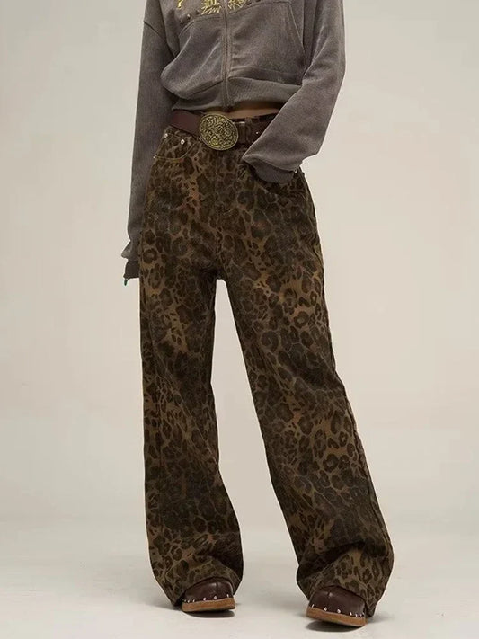 maoxiangshopTan Leopard Jeans Women Denim Pants Female Oversize Wide Leg Trousers Streetwear Hip Hop Vintage Clothes Loose Casual