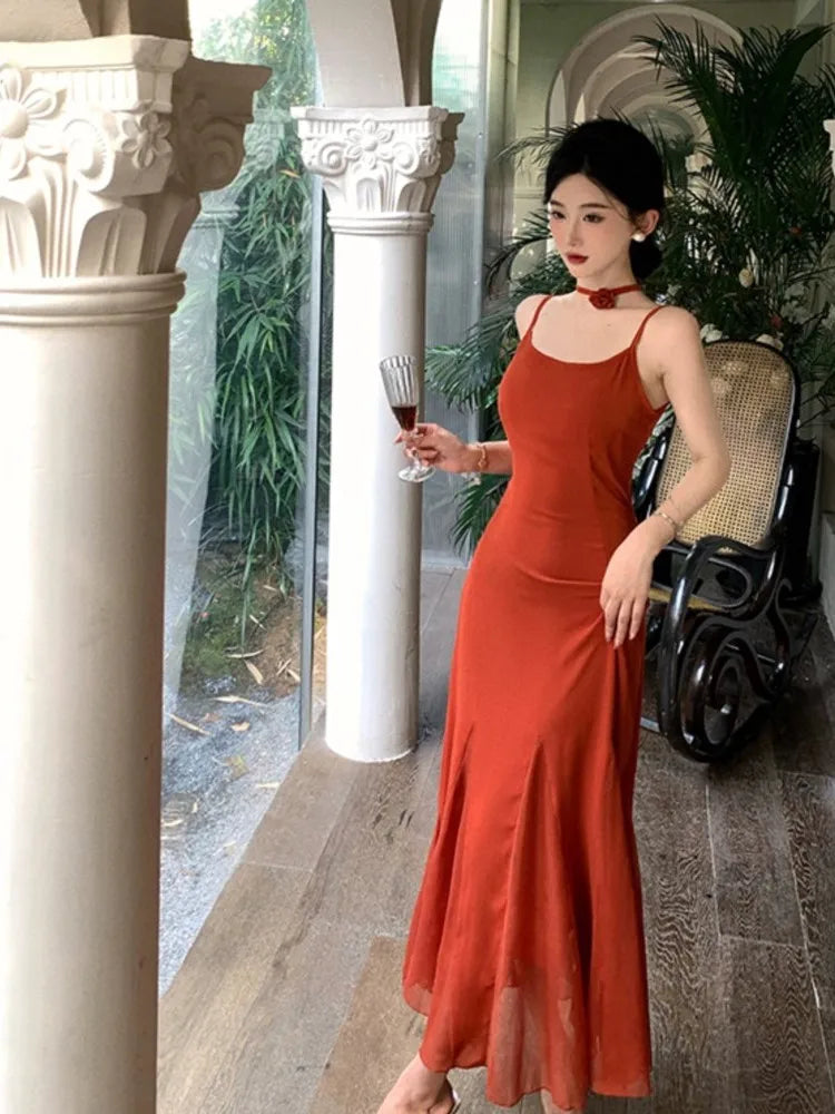 maoxiangshop Elegant Long Dress Women Summer Vintage Solid Sleeveless Ruffles Spaghetti Strap Vestidos Female New Fashion Mermaid Robe Mujers