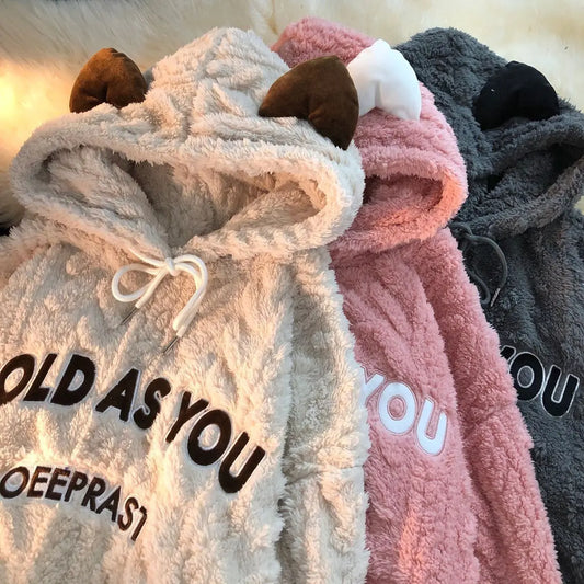 maoxiangshop Autumn And Winter Warm Hooded Top Student Coral Fleece Embroidered Oversized Hoodie Casual Sweatshirt For Women Kawaii Clothes
