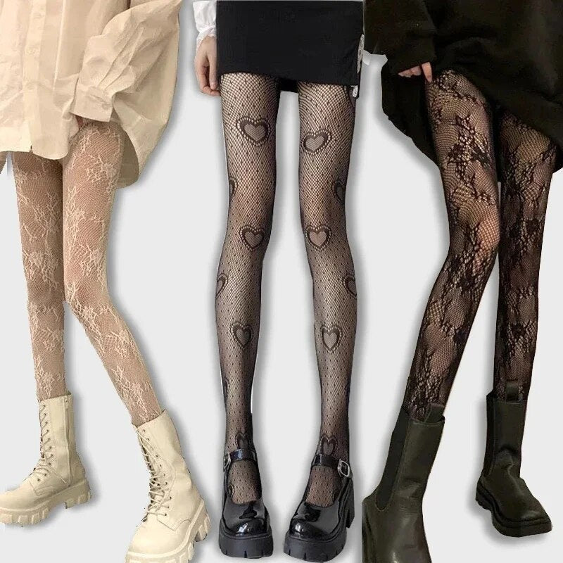 maoxiangshop Heart Flower Mesh Japanese Girl Lolita Ins Tights Stockings White Fishnet Pantyhose Female for Women Summer Legging Stocking