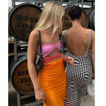 maoxiangshop-Hollow Out Sleeveless Backless Summer Beach Dresses Party Club Midi 2024 Patchwork Y2K Strapless Bodycon Dress Sexy Women 20460