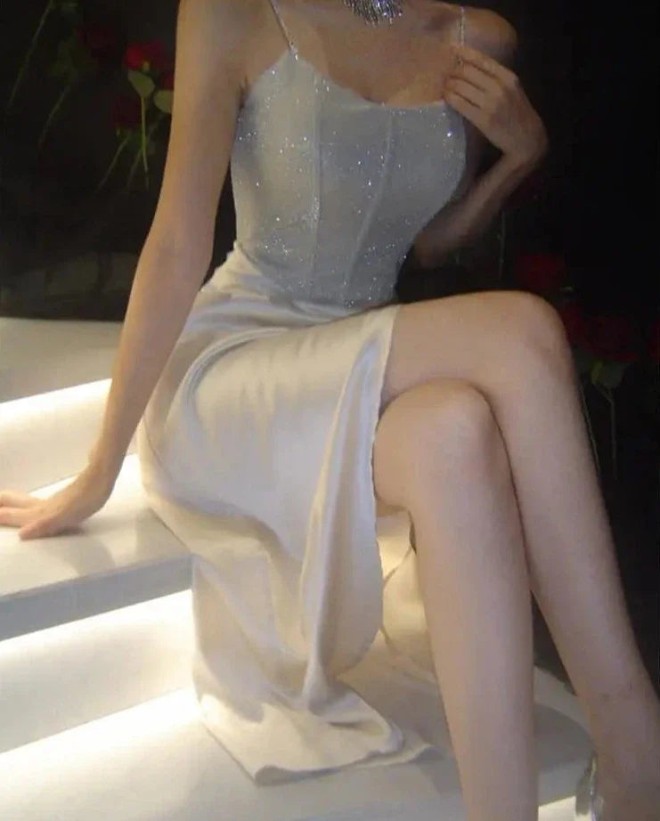 Elegant Shiny Satin Wedding Evening Dress For Women Summer Spaghetti Strap Luxurious Split Runway Vestidos Graduation Dresses
