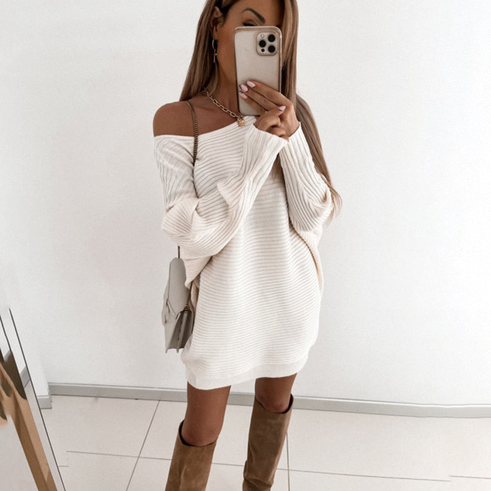 maoxiangshop Sexy Off Shoulder Long Sleeve Sweater Dress Women Spring Loose Casual White Knitted Long Top Woman Mini Dresses Pull Femme