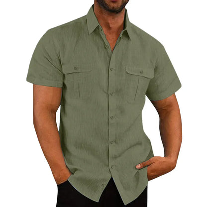 maoxiangshop Summer Cotton Linen Casual Shirts Men Short Sleeve Solid Color Turn Down Collar Shirt Mens Breathable Beach Style Blouse 5XL