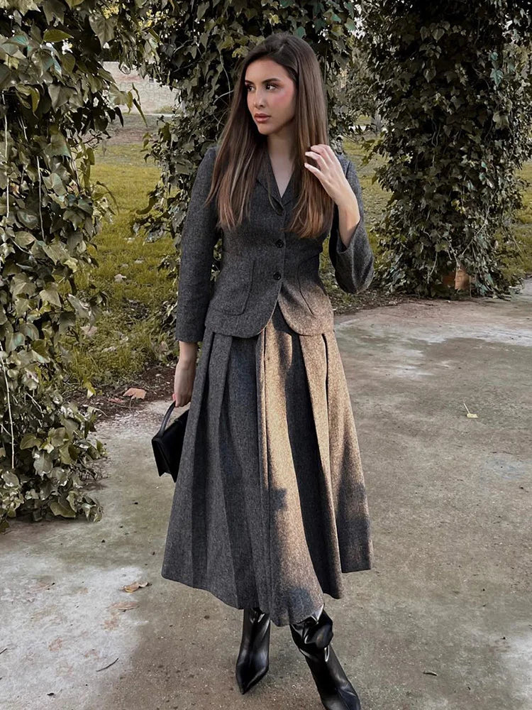 maoxiangshop HH TRAF Women Autumn Wool Blend Blazer Pleated Skirt Set Casual Lapel Sleeves Slim Jacket Women's Versatile High Waist Skirts