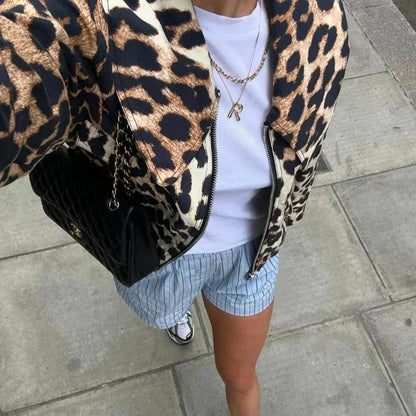 maoxiangshop  -  Vintage Leopard Print Bomber Jacket Women Elegant Lapel Long Sleeves Zipper Pockets Lady Coat 2024 Autumn High Street Streetwear
