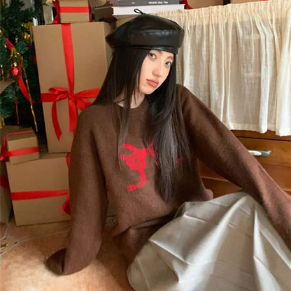 maoxiangshop  -  Women Autumn Winter Vintage Fashion Loose Bow O-neck Long Sleeve Knitwear Women Clothes Office Lady All-match Temperament Tops