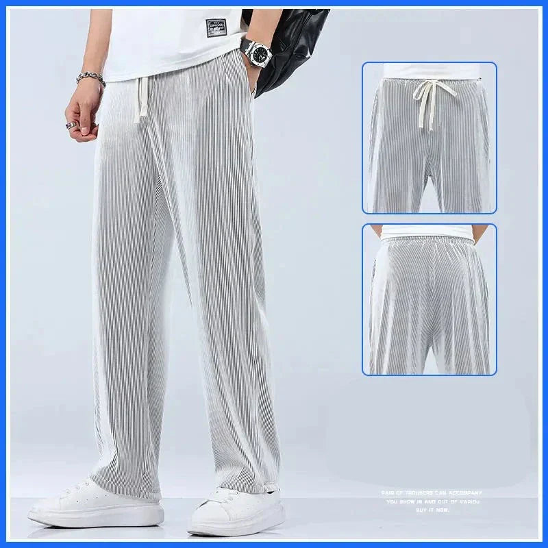 maoxiangshop Summer Straight Pants Men's Loose Thin Section Drape Ice Silk Pants Wide Leg Sports Pants Casual Pants Fits 100kg