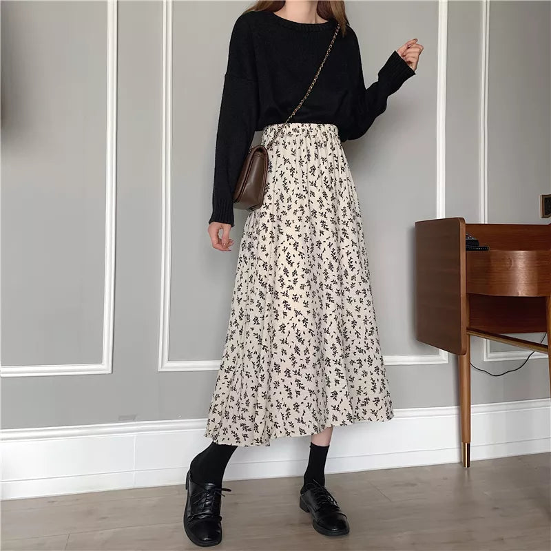 maoxiangshop Vintage Floral Print A-line Pleated Long Skirts Summer Women Korean Skirt Streetwear Drawstring Elastic Waist Midi Skirt