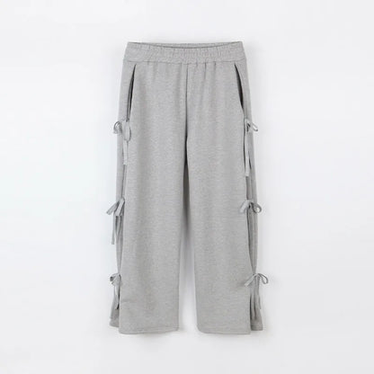 maoxiangshop  -  Casual Thick Trousers Women Loose Lace Up Bow Grey Fashion Elastic Waist Pants Female 2024 Autumn Winter Solid Warm Soft Pant