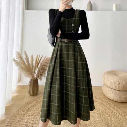 High Quality Fall Winter Women Sweater Overalls Dress Sets Casual Knitted Tops +Plaid Woolen Dress 2 Piece Sets Outfits Female