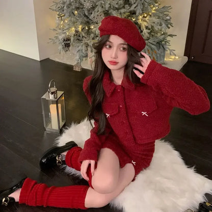 maoxiangshop  -  New Year's Robe Red Skirt Set Autumn/Winter Christmas Dress Up High End Sweet Short Coat Mini Skirt Two Piece Set Women Outfits