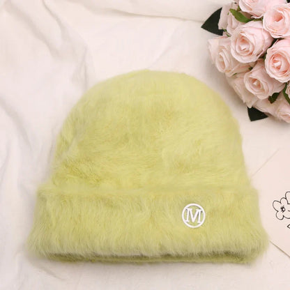 maoxiangshop New Fashion Rabbit Fur Y2k Beanies for Women Soft Warm Fluffy Angola Winter Hat Female Windproof Bonnet Hat Skullies Cap