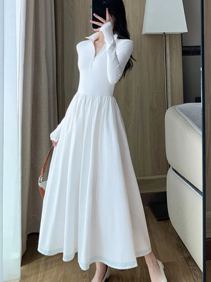 Elegant Vintage Long Sleeve Knitted Midi Dresses Women Korean Casual Slim Fit A-Line Black Birthday Party Robe Autumn Clothing